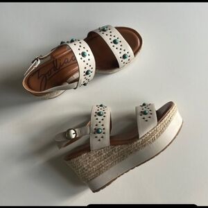 Zodiac White Wedge Sandals With Turquoise